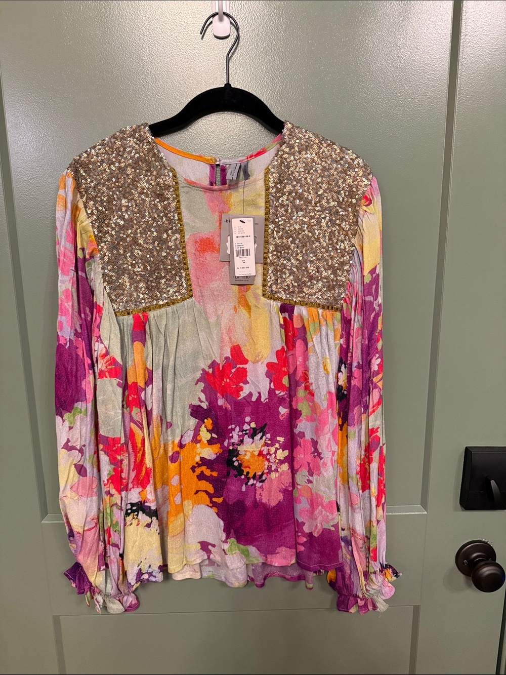 Sequin Yoke Floral Blouse - Pink Multi